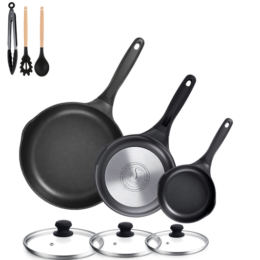 SET DI PADELLE 20-24-28 CM Antiaderente in pietra fondo a induzione in acciaio + coperchio
