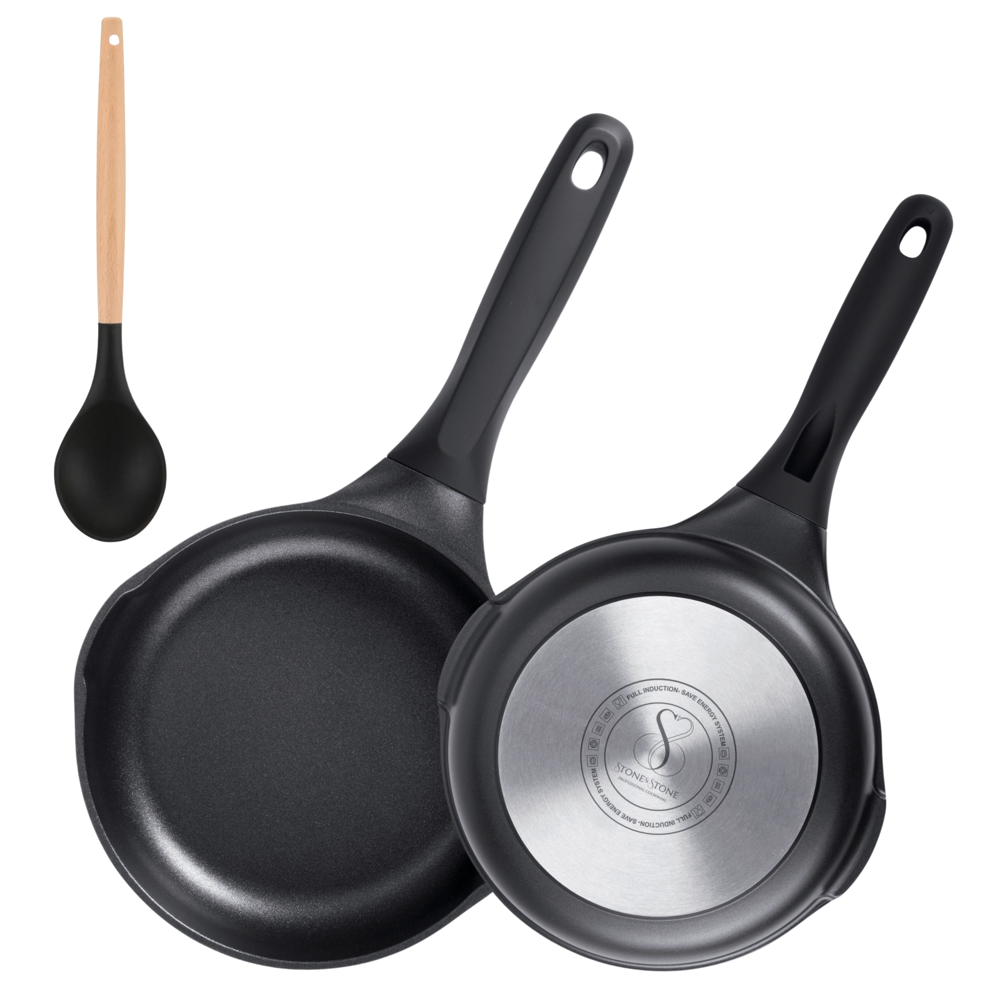Stone&Stone Padella 24 cm per Induzione e gas | Super Antiaderente Ceramico Tedesco Professionale | Priva PFOA - PFAS - PTFE | Fondo in acciaio pieno | Coperchio in Vetro + Cucchiaio