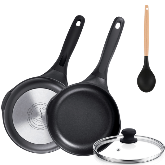 Stone&Stone Padella 24 cm per Induzione e gas | Super Antiaderente Ceramico Tedesco Professionale | Priva PFOA - PFAS - PTFE | Fondo in acciaio pieno | Coperchio in Vetro + Cucchiaio