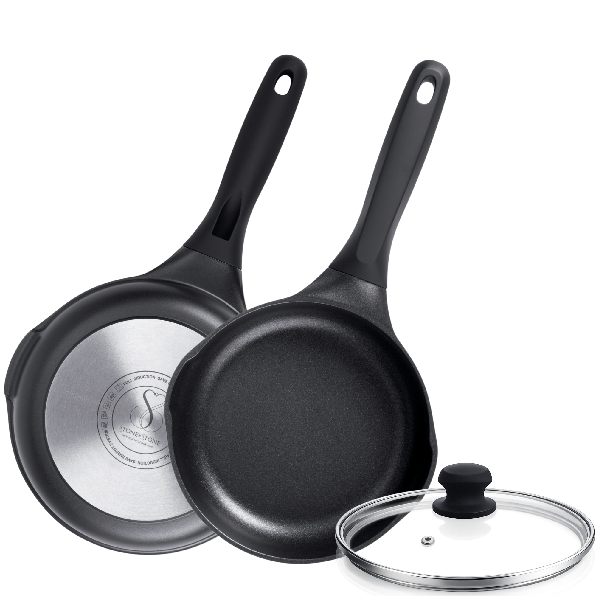 Stone&Stone Padella Antiaderente 20 cm, Rivestimento Tedesco GREBLON Q-LINE CK 3000 Superior, Fondo in Acciaio per Induzione e Gas, Senza PFAS, PTFE e PFOA, con Coperchio