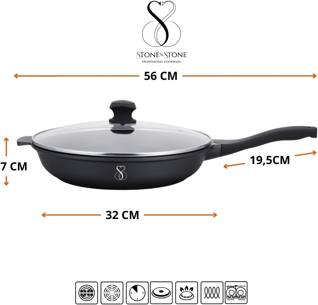 Stone&Stone Padella Antiaderente 32 cm, Rivestimento Tedesco GREBLON Q-LINE CK 3000 Superior, Ampia Superficie di Cottura, Fondo Acciaio Pieno per Induzione e Gas, NO PFAS e PTFE + Coperchio e Mestolo