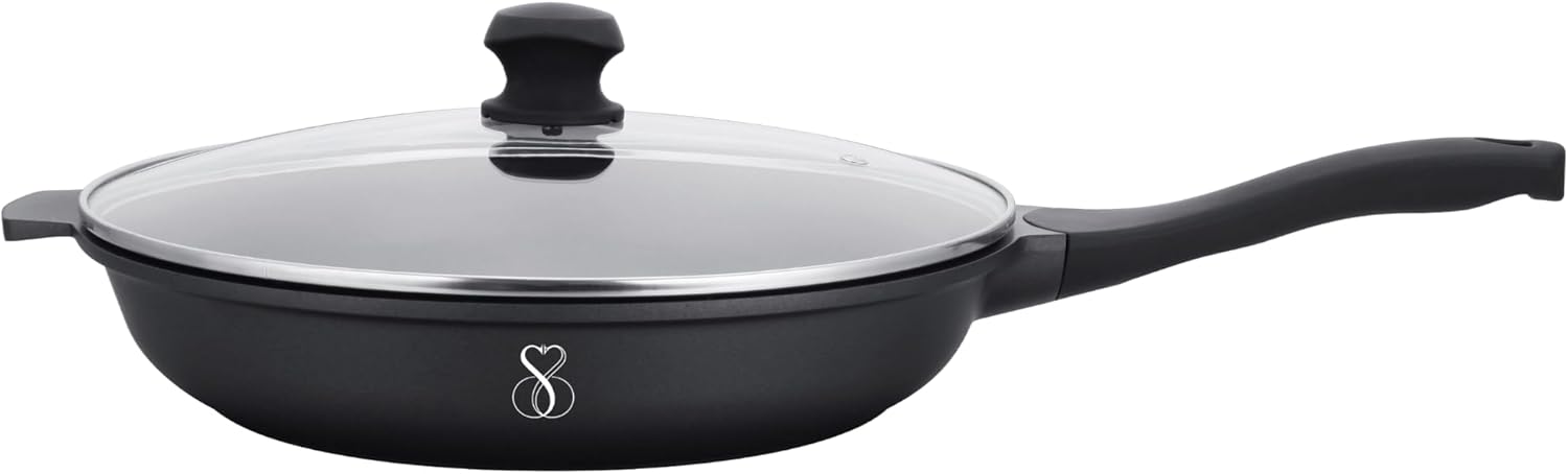 Stone&Stone Padella Antiaderente 32 cm, Rivestimento Tedesco GREBLON Q-LINE CK 3000 Superior, Ampia Superficie di Cottura, Fondo Acciaio Pieno per Induzione e Gas, NO PFAS e PTFE + Coperchio e Mestolo