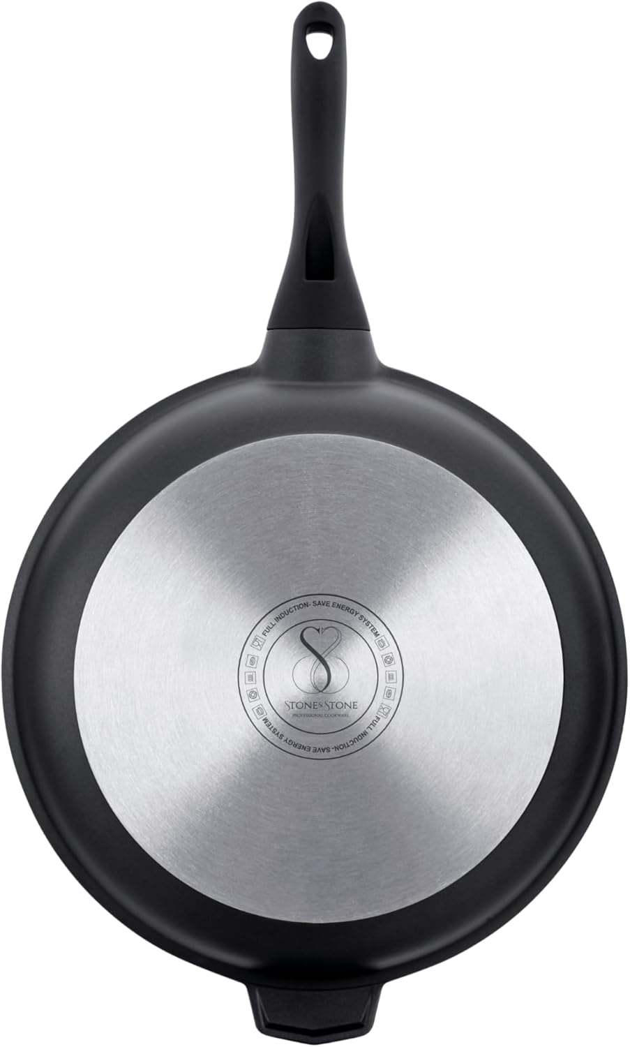 Stone&Stone Padella Antiaderente 32 cm, Rivestimento Tedesco GREBLON Q-LINE CK 3000 Superior, Ampia Superficie di Cottura, Fondo Acciaio Pieno per Induzione e Gas, NO PFAS e PTFE + Coperchio e Mestolo