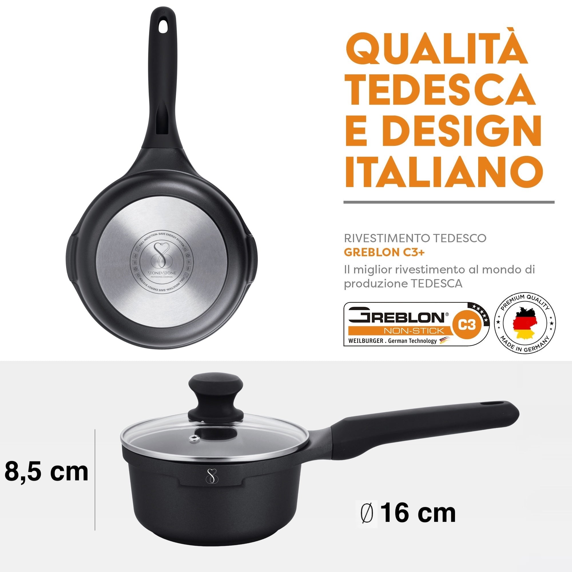 PENTOLINO DA LATTE 16 CM induzione in pietra SUPER antiaderente pentola casseruola cuoci pasta con fondo in acciaio + coperchio
