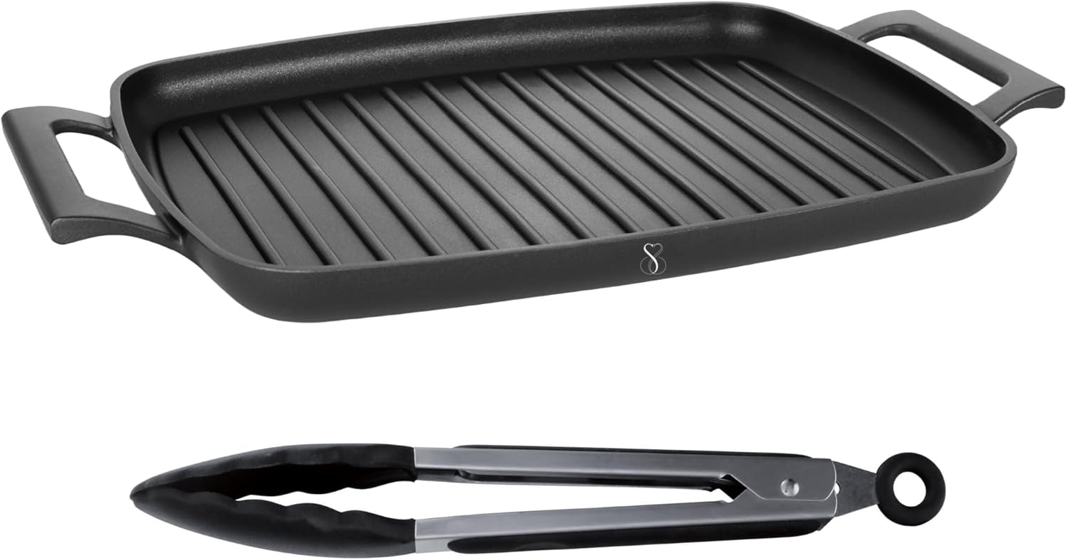 Stone&Stone Piastra Grill Induzione Rettangolare, Bistecchiera BBQ Professionale Super Antiaderente, Rivestimento Tedesco Greblon, Fondo Acciaio Pieno, Forno e Gas, Senza PFAS, PTFE e PFOA + pinza