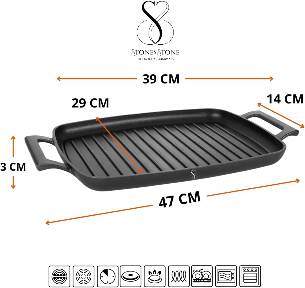 Stone&Stone Piastra Grill Induzione Rettangolare, Bistecchiera BBQ Professionale Super Antiaderente, Rivestimento Tedesco Greblon, Fondo Acciaio Pieno, Forno e Gas, Senza PFAS, PTFE e PFOA + pinza