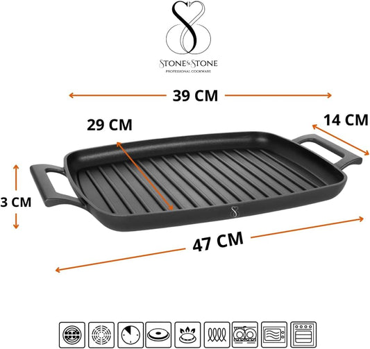 Stone&Stone Piastra Grill Induzione Rettangolare, Bistecchiera BBQ Professionale Super Antiaderente, Rivestimento Tedesco Greblon, Fondo Acciaio Pieno, Forno e Gas, Senza PFAS, PTFE e PFOA + pinza