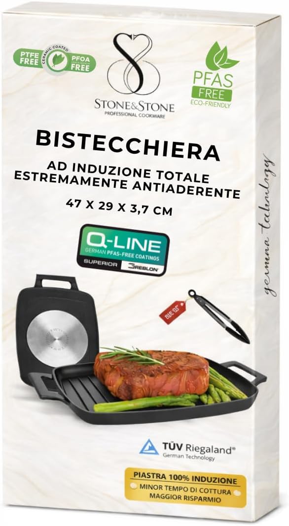 Stone&Stone Piastra Grill Induzione Rettangolare, Bistecchiera BBQ Professionale Super Antiaderente, Rivestimento Tedesco Greblon, Fondo Acciaio Pieno, Forno e Gas, Senza PFAS, PTFE e PFOA + pinza