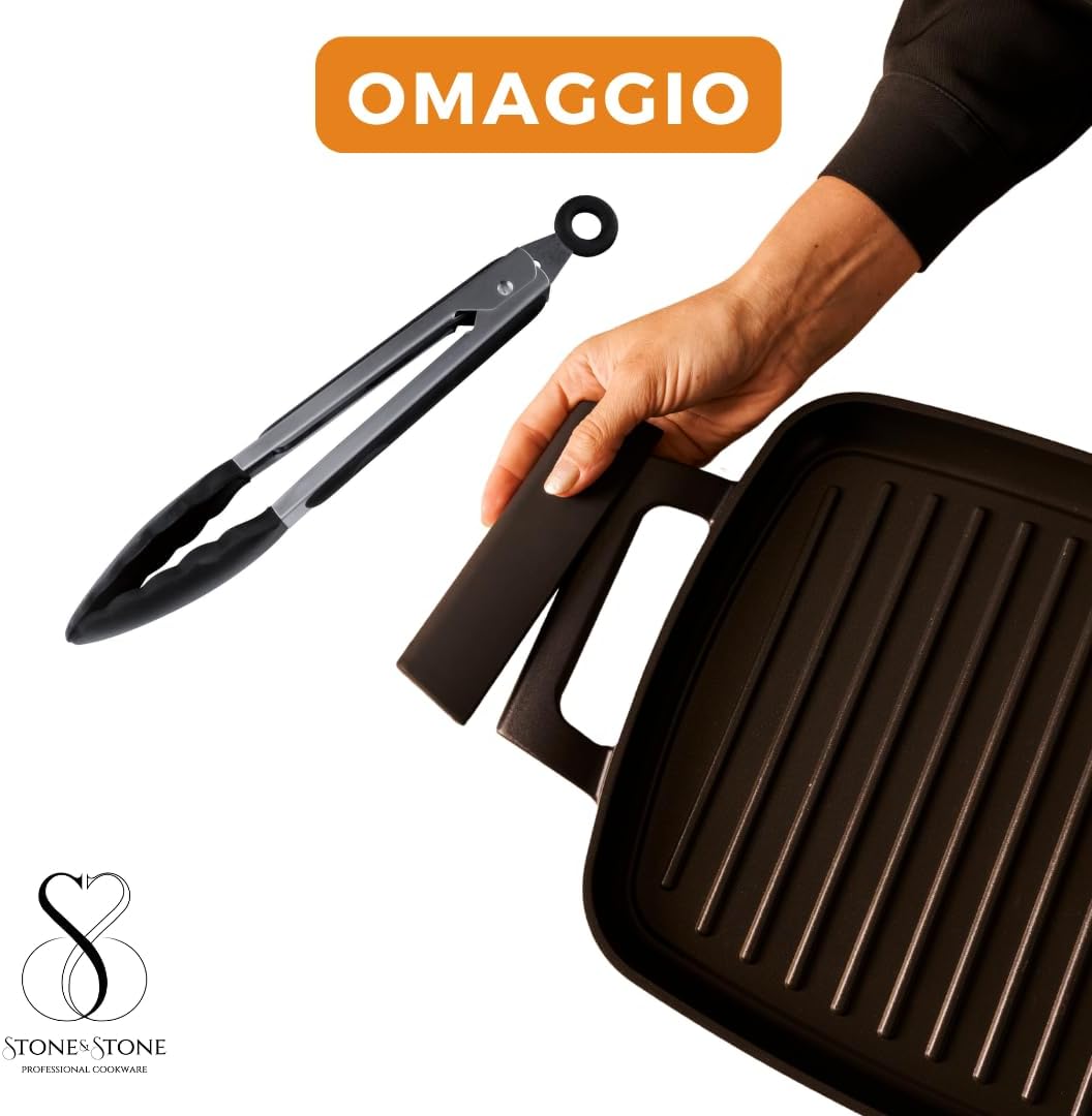 Stone&Stone Piastra Grill Induzione Rettangolare, Bistecchiera BBQ Professionale Super Antiaderente, Rivestimento Tedesco Greblon, Fondo Acciaio Pieno, Forno e Gas, Senza PFAS, PTFE e PFOA + pinza