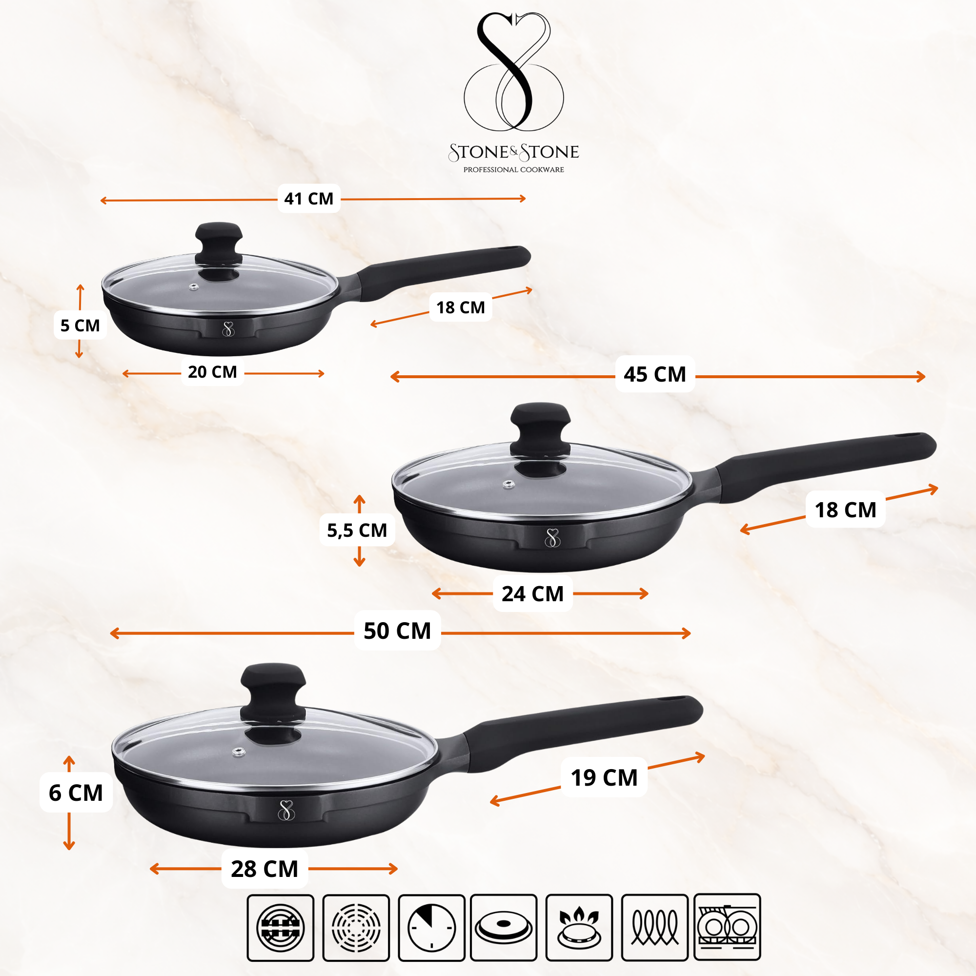 Stone&Stone Set 4 Padelle Antiaderenti 20cm/24cm/28cm/32cm, Batteria di Padelle Professionale, Induzione e Gas, Rivestimento Tedesco Super Antiaderente, Senza PFAS, PTFE e PFOA + 4 Coperchi 4 Utensili