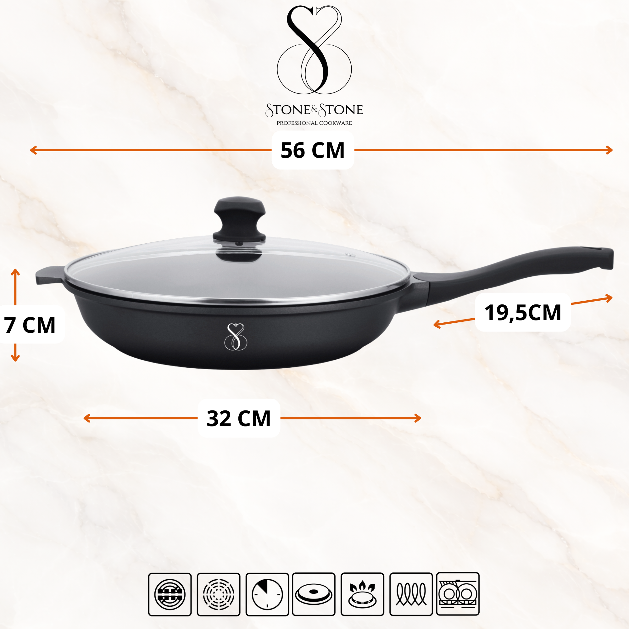 Stone&Stone Set 4 Padelle Antiaderenti 20cm/24cm/28cm/32cm, Batteria di Padelle Professionale, Induzione e Gas, Rivestimento Tedesco Super Antiaderente, Senza PFAS, PTFE e PFOA + 4 Coperchi 4 Utensili