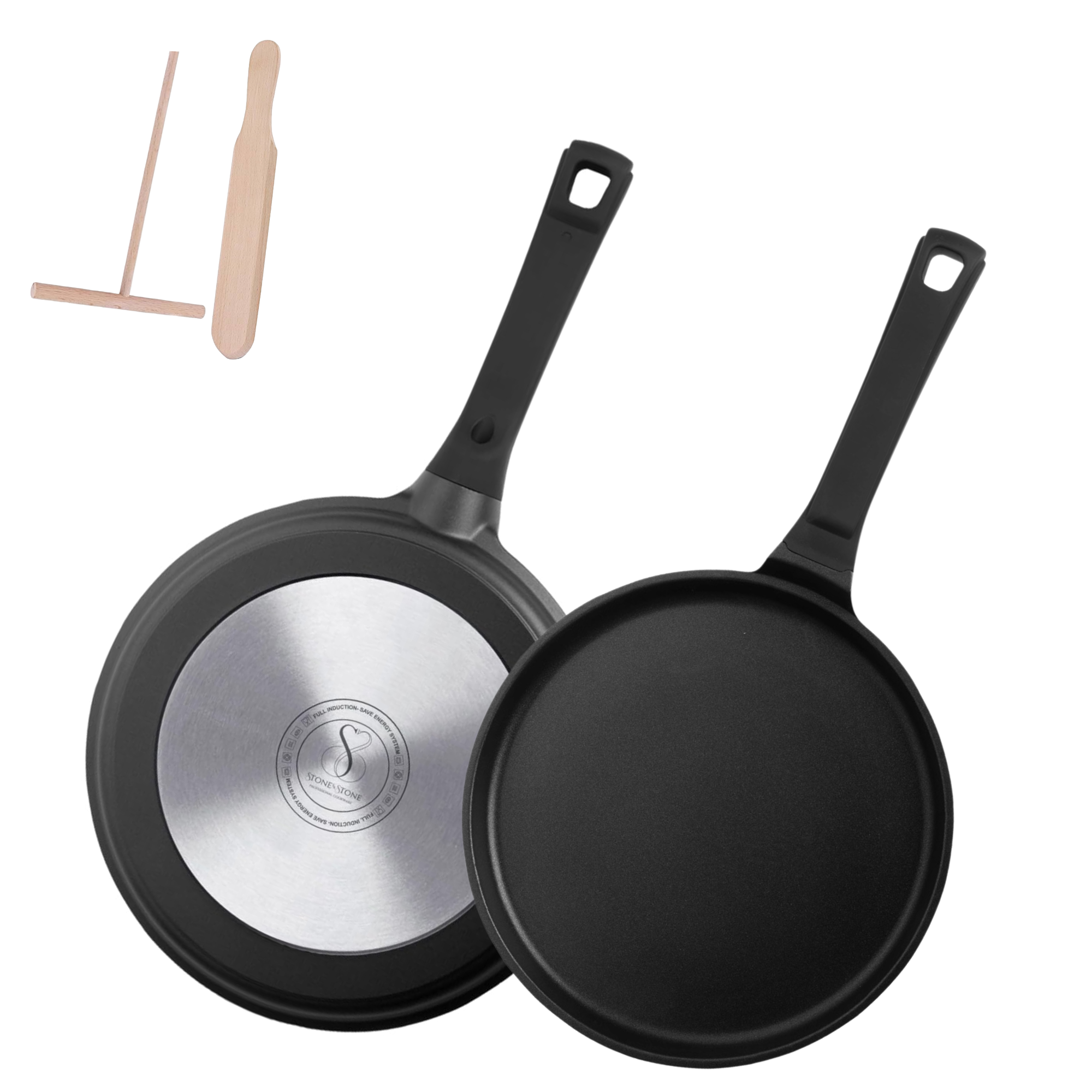 Stone&Stone Padella per Crepes e Pancake 26cm super Antiaderente per Induzione e gas | Crepiera con rivestimento Ceramico Tedesco | Senza PFOA PFAS PTFE | Spatola e Stendi Pastella Inclusi