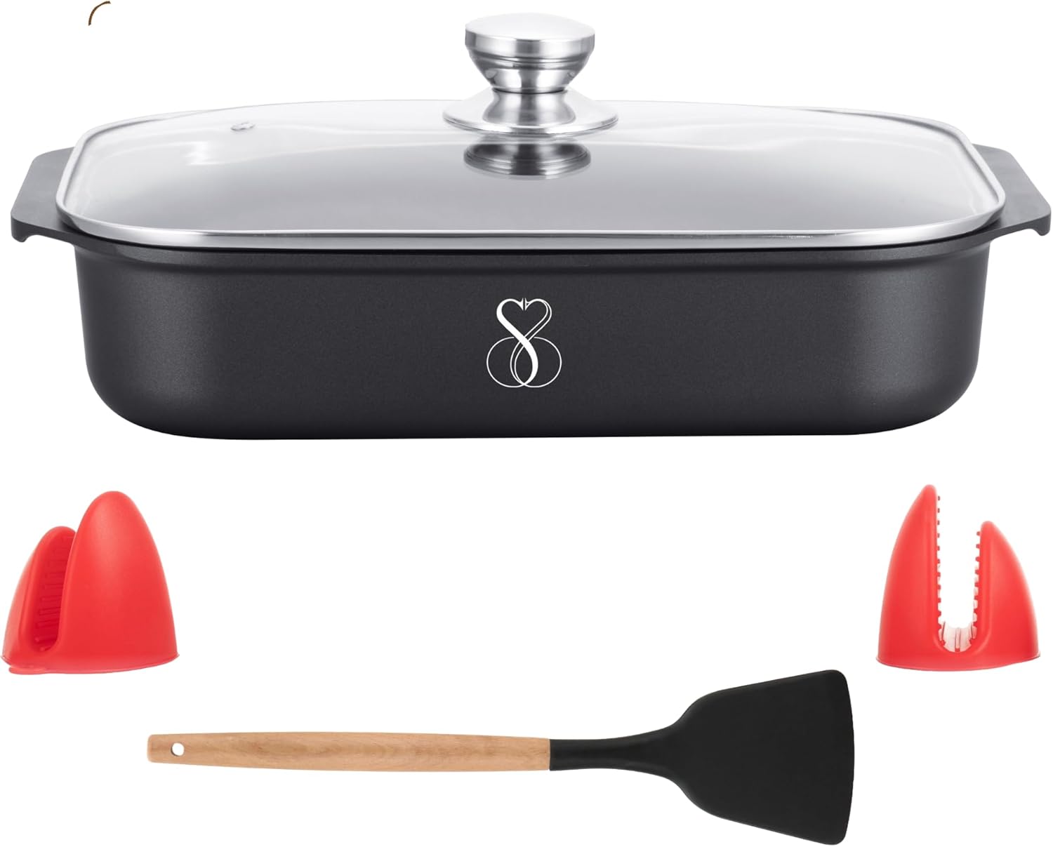 Stone&Stone Teglia Forno Rettangolare 34x8cm in alluminio | Super Antiaderente Tedesco | Pirofila Lasagnera Rostiera | Priva di PTFE - PFOA - PFAS | Induzione Gas Forno | Coperchio 2 Presine, Spatola